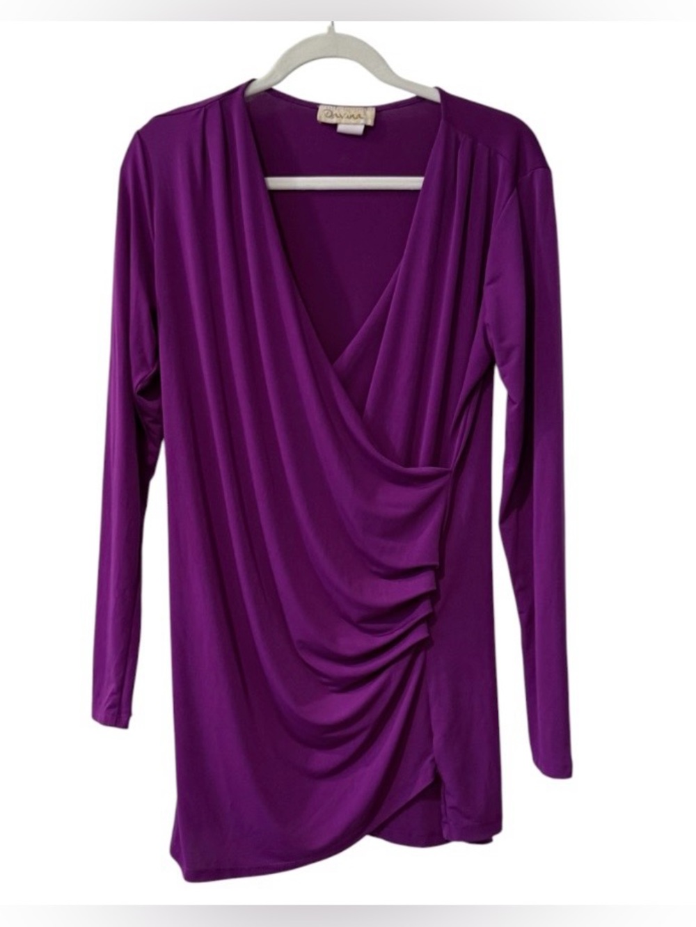 Davina women’s Large long sleeve V-neck magenta purple dress with a faux wrap